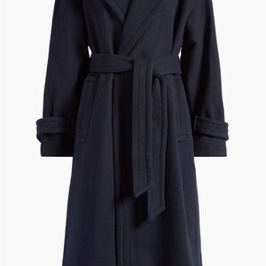 Wool Blend Belted Trench Coat in Navy